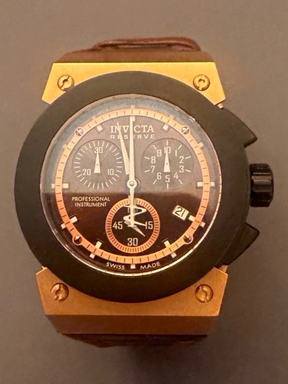 Invicta Black and Gold Chronograph Leather-Strap Watch